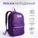 A backpack with a zipper, external pocket, purple color