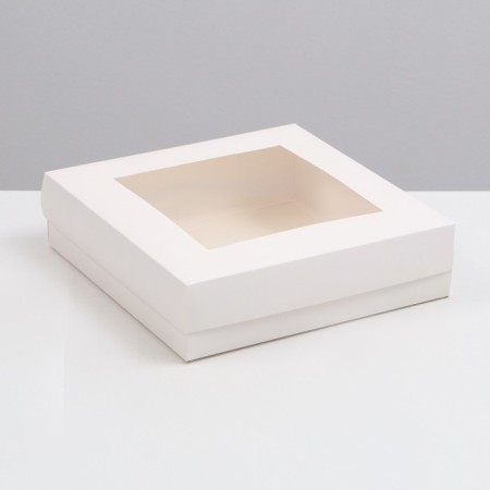 The box is folding, the lid is, with the window, white, 30 x 30 x 8 cm