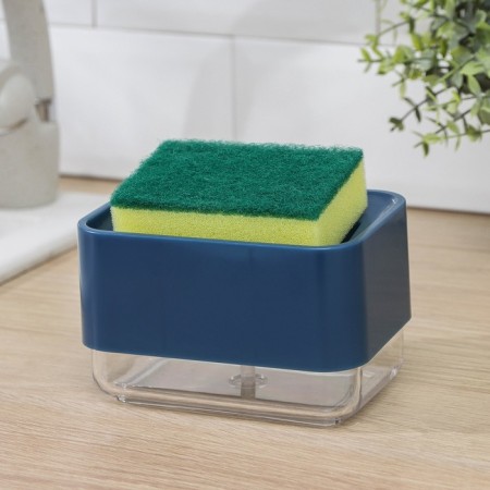 A dispenser for a detergent with a sponge stand, 250 ml, a sponge in the kit, the color is blue