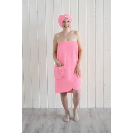 Women's set for the sauna (Pareo+Chalma) with embroidery, pink-1