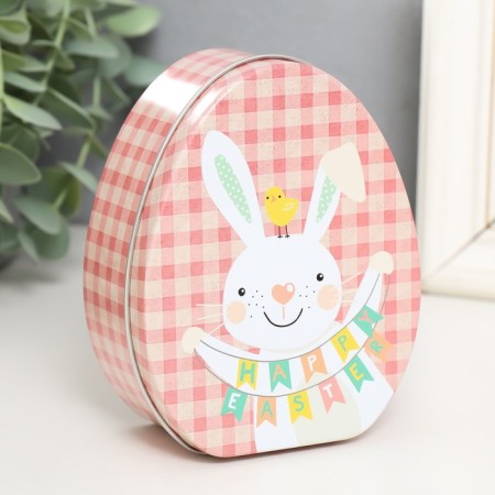 Casket Metal Egg "Bunny with stretching of happy Easter" 11.7x9.2x4.5 cm