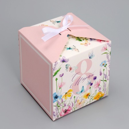 Gift folding box, packaging, “from March 8, delicate flowers”, 12 x 12 x 12 cm-1