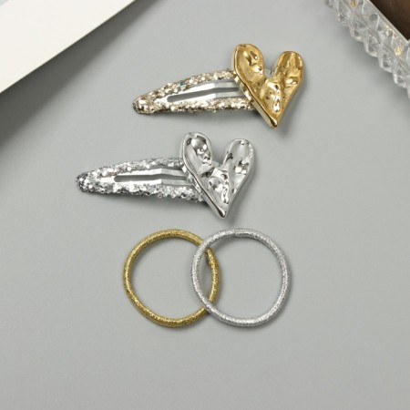 Hair set "Beatrice" (10 elastic bands 3 cm, 2 invisibility 5 cm) heart, silver gold-1