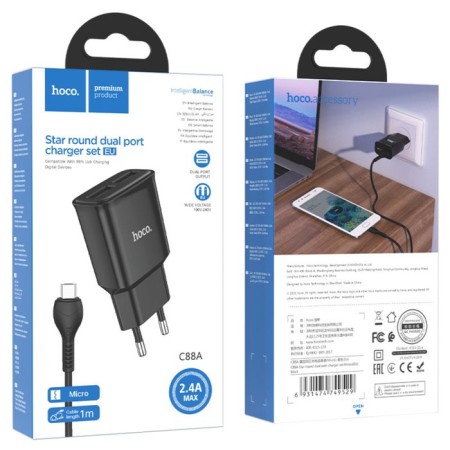 Network charger Hoco C88A, 2 USB, 2.4 A, Micro USB - USB, 1 m, black cable-1