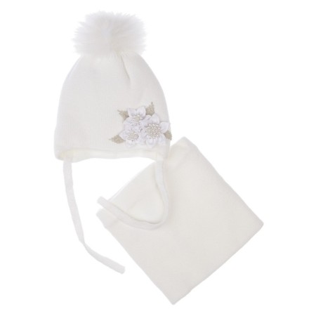 Children's knitted set for girls: hat and snood, size 48, white color