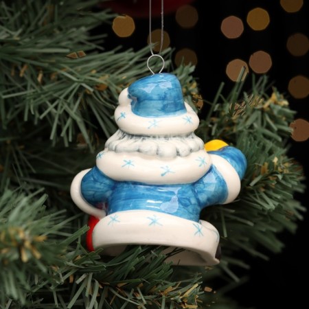 Fir -tree porcelain toy "Santa Claus with a clock", blue fur coat, 8 cm-2