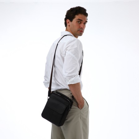 Male bag over the shoulder, Textura, 2 external pockets, brown color-8