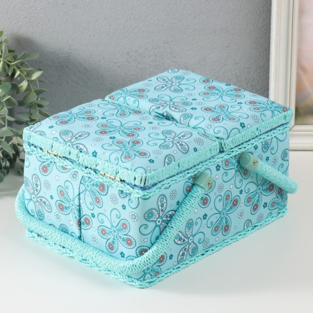 Casket for needlework "Butterflies and flowers on blue" 19x26x14.5 cm