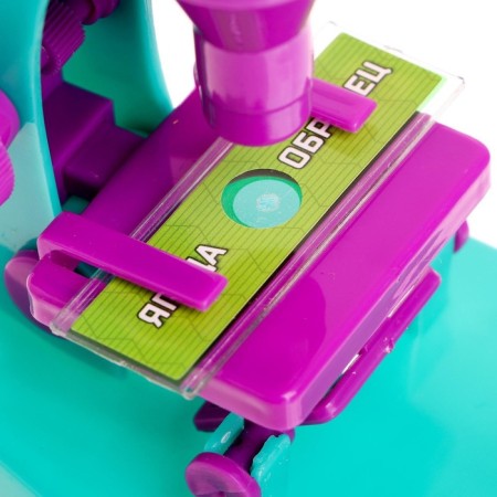 A set of biologist 6 objects: microscope, 2 kaleidoscope, 2 empty slides, a model of cells-2