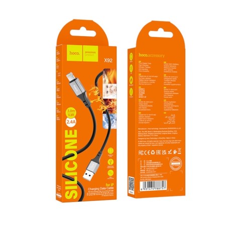 Hoco X92, Lightning cable - USB, 2.4 A, 3 m, silicone braid, black-9