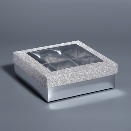Box for 9 sweets silver glitter, 12.5 x 12.5 x 4 cm. Confectionery packaging-1