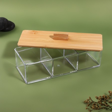 Bamboo organizer for storage, with a lid, 3 sections, 23.3 × 9.4 × 8.9 cm, the color is transparent/brown-3