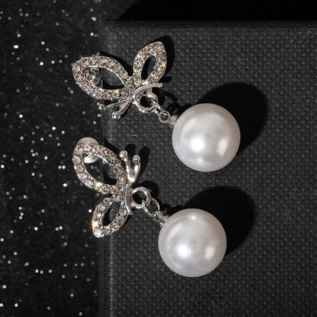 Earrings with pearls "butterfly" with bead, white color in silver-1