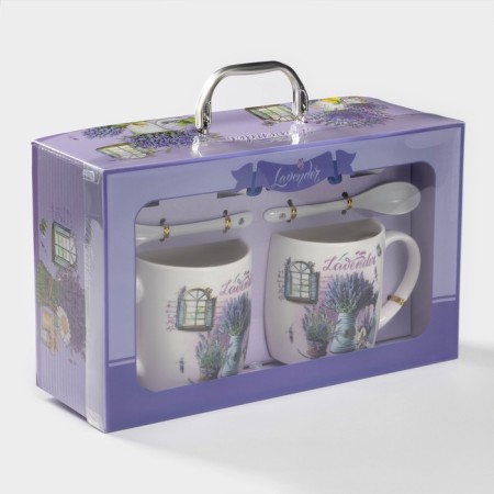 A set of ceramic mugs with spoons and stands "Lavender Bouquet", 2 items: 330 ml, Mix drawing-6
