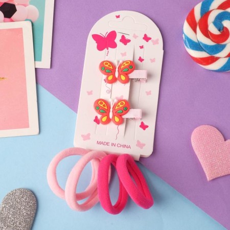 Caramel hair set (4 elastic bands, 2 clamps) butterflies, 3.5x2.5 cm, red-pink