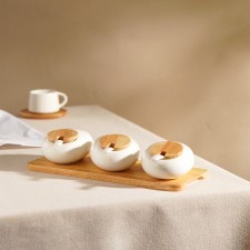 A set of porcelain cans with a spoon for bulk products on the SL Home Trento stand, 7 items: 3 banks 150 ml, stand, 3 tablespoons