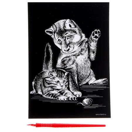 Engraving "kitten and puppy" with a metallic effect of silver A5-2