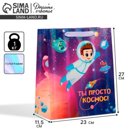 Gift package laminated, packaging, “you are just space”, rainbow holography, ml 23 x 27 x 11.5 cm