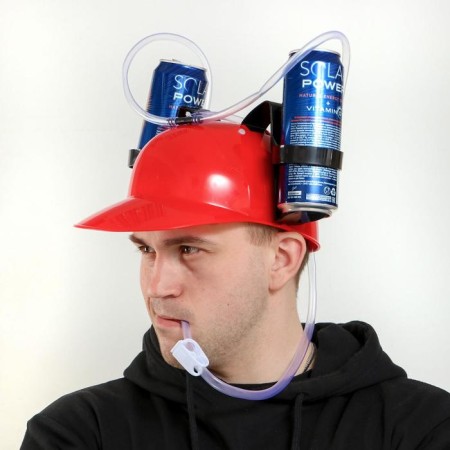 Carnival helmet with holes for jars, red color-1