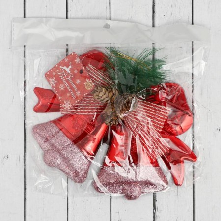 Decoration New Year's "bell of cones and bows" 19x13 cm, red-1