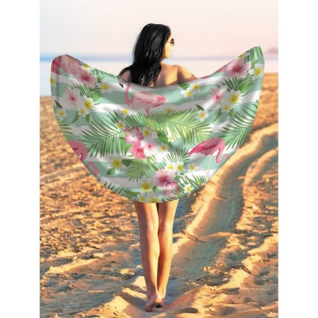 Pareo and beach rug "Flamingo with flowers", d = 150 cm