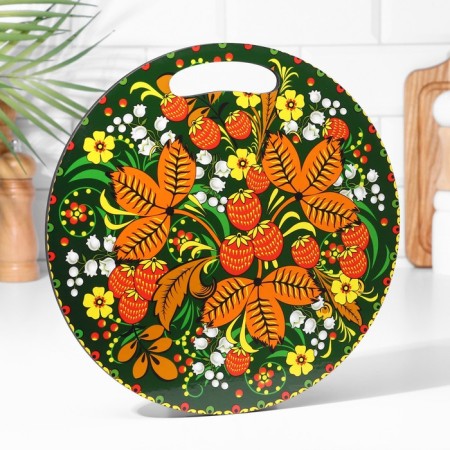 Board cutting and serving round kitchen "Khokhlomskaya painting", 25.5 cm