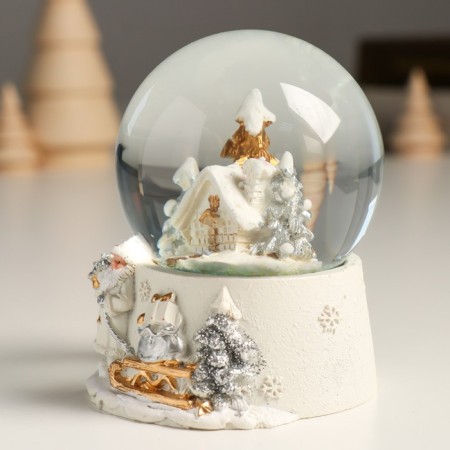 Souvenir Polystone Water Ball "House in a snowy forest" White with gold 7x8x9 cm-3