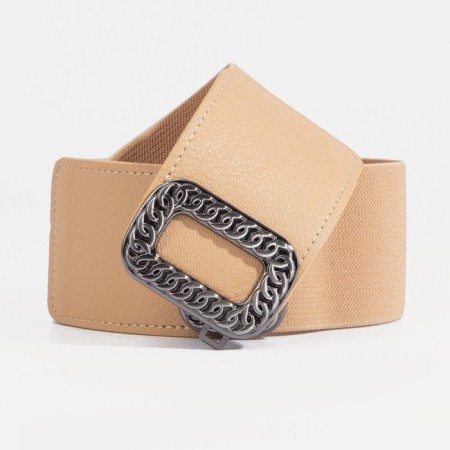 Women's belt, width 6 cm, metal buckle, beige color