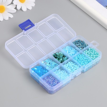 Glass 8/0, 12/0 in the box "Blue" beads, glass and sequins 13x6.5x2.3 cm