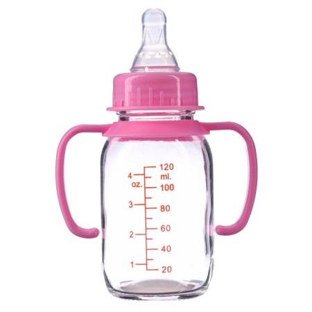 A bottle in a silicone case, with handles, glass, classic throat, 120 ml., +0 months, pink color-4