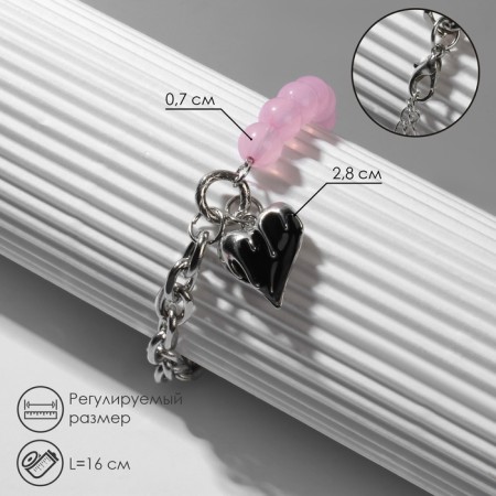 Bracelet "Heart" chain, black-pink color in silver, l = 16 cm
