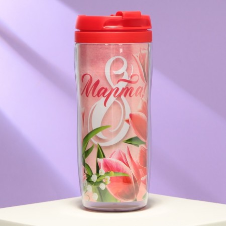 The thermost man is plastic with the insert “March 8. Tulips ", 350 ml