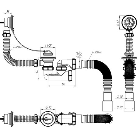 Aquant bath siphon, 1 1/2 "x 40 mm, with release and overflow, adjustable, 40x40/50 mm-6