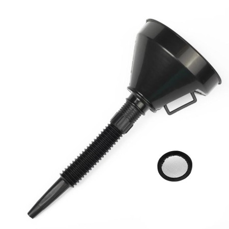 A funnel for fuels and lubricants with a net, reinforced, diameter 145 mm, height 360 mm, removable flexible nose