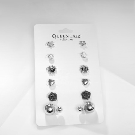 Pusets 6 pairs "ball" flower, white-blue color in silver-1