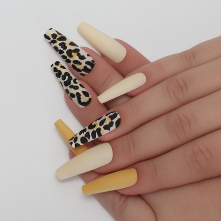 Leopard overhead nails, 12 pcs, with adhesive plates, ballerina shape, beige/yellow/black-7