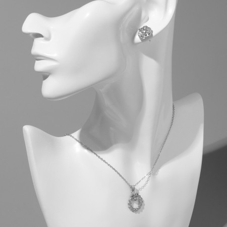 Set 4 objects: earrings (3 pairs), pendant “Flower set”, white color in silver, 45 cm-2