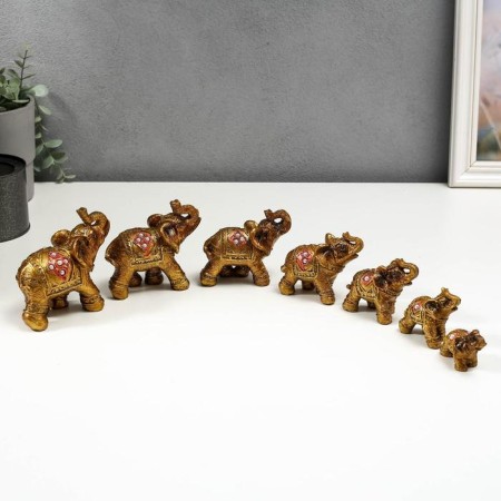 Souvenir Polystone "Seven elephants in Red Popone with pearls" h = 10.3; 9; 7.6; 7; 6.2; 5.5; 4.2 cm