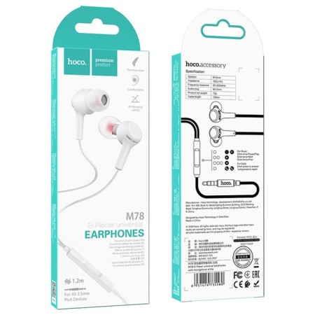 Hoco M78 headphones, wired, vacuum, microphone, jack 3.5 mm, 1.2 m, white-4