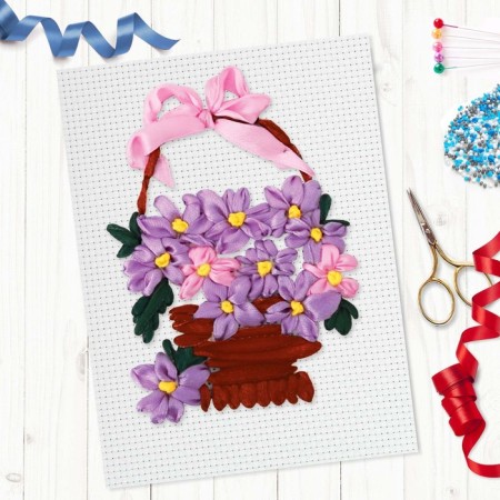 Embroidery with ribbons on the canvas "Basket of violets", a set for creativity-4