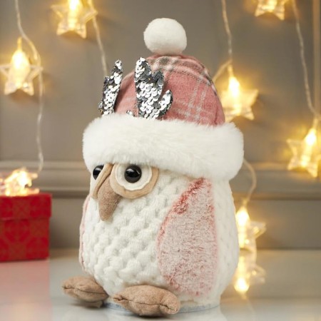 Interior light doll "Owl in a pink hat with deer horns" 25x15x15 cm-5