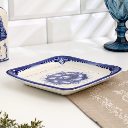 Square dish, gzhel, porcelain, 18x18 cm-1
