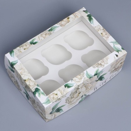 Capcake box, confectionery packaging with a window, 6 cells, “white peonies”, 25 x 17 x 10 cm-1