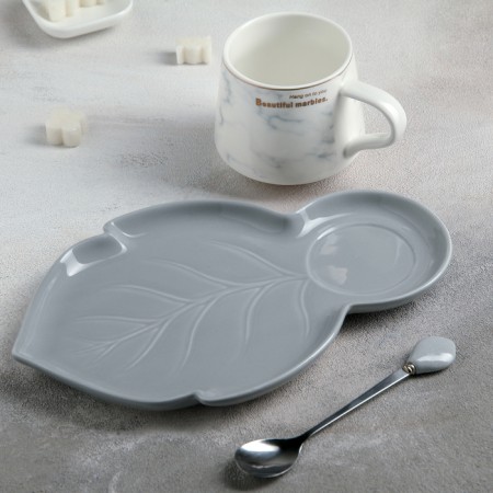 Tea couple ceramic “leaf”, 3 objects: a cup 320 ml, a saucer 25.5 × 16 cm, a spoon, color gray color-1