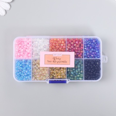 Glass beads 6/0 in the box 10 divisions "multi -colored" 1 division = 10 g 12.8x6.5x2.2 cm-3