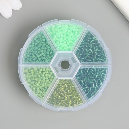 Glass 8/0 (3 mm) in the box "Green" 6 colors x 10 g 8x8x2 cm-3
