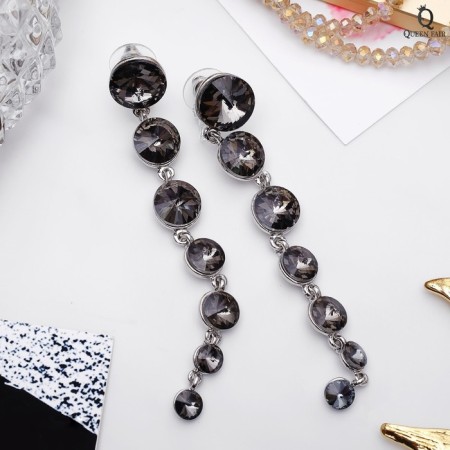 Hanging earrings with rhinestones "luxury" path with circles, gray color in silver, 10 cm-1