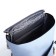 A backpack with a zipper, 5 outer pockets, beige/blue color