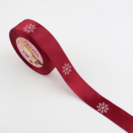 Satin tape "Snowflakes", 25 mm, 23 ± 1 m, red/white color No. 033-1