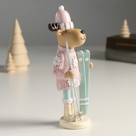 Polystone souvenir "Losik in a pink sweater and hat, with skis" 7.3x5x17.5 cm-1